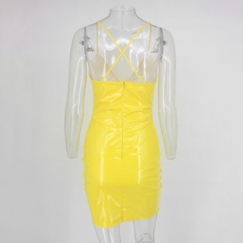 EvaQueen Sexy PU Leather Dress Women Summer Party Bandage Dress Yellow Spaghetti Strap Mini Bodycon Dress Elegant Vestidos 2018
